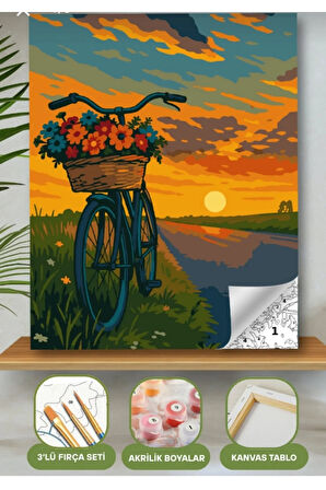 Sayılarla Boyama Seti 40x50 Cm (Çıtalı) Fırça Boya Dahil Numaralı Tuval Bisiklet Dağ Manzaralı