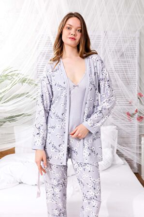 Nisanca Kutulu Çeyizlik Zen Pijama Seti - Exclusive 3 Parça İpeksi Sabahlıklı Kadın Pijama Takımı