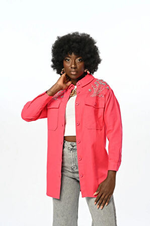 KADIN ROBASI TAŞ İŞLEMELİ ÇİFT CEPLİ GABARDİN CEKET