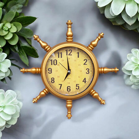 Gold Metal Ahşap Gemici Denizci Dümen Duvar Saati Çap 34 cm