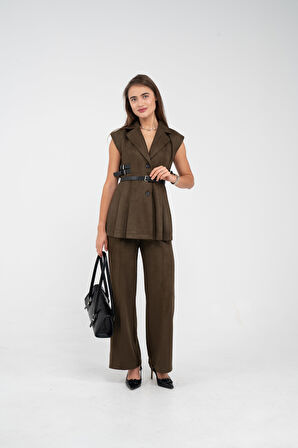 Kemer Detaylı Kolsuz Süet Takım K8084