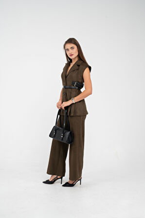 Kemer Detaylı Kolsuz Süet Takım K8084