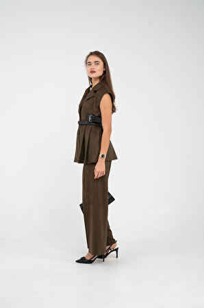 Kemer Detaylı Kolsuz Süet Takım K8084