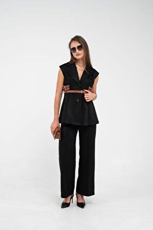 Kemer Detaylı Kolsuz Süet Takım K8084