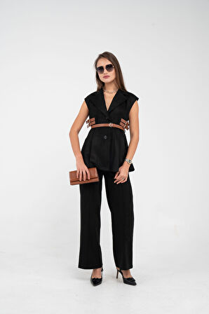 Kemer Detaylı Kolsuz Süet Takım K8084