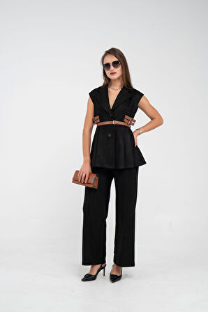 Kemer Detaylı Kolsuz Süet Takım K8084