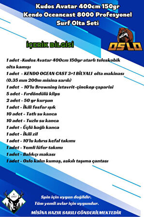 Kudos Avatar 400cm 150gr Kendo Oceancast 8000 Tam Takım Surf Olta Seti