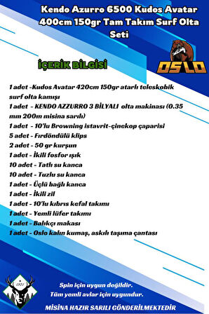 Kendo Azurro 6500 Kudos Avatar 400cm 150gr Tam Takım Surf Olta Seti