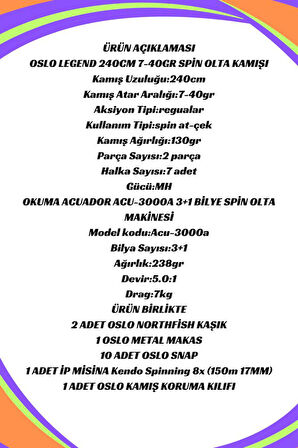 Oslo Legend 240cm 7-40gr Okuma Acuador 3000A 8 Örgü Spin Olta Seti