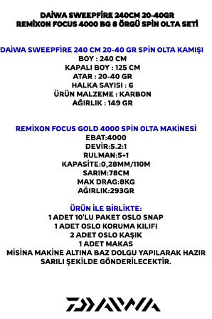 Daiwa Sweepfire 240cm 20-40gr Remixon Focus BG 4000 8 Örgü Spin Olta Seti