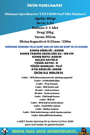 Shimano Sonora AX 420cm 200gr Shimano Speed Master14000 XTD Profesyonel Surf Olta Seti