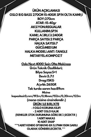 Oslo Next 4000 Big Bass 270cm 15-40gr 8X Spin Olta Seti