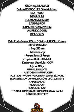Oslo Rock Game 213cm 0,5-7gr Daiwa RS 1000 LRF 8 Örgü Olta Seti