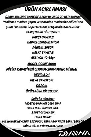 Daiwa RX Lure BF 270cm 10-35gr Oslo Prime 4000 8 Örgü Spin Olta Seti