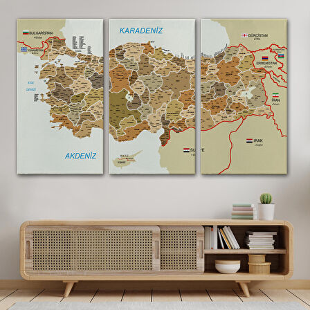 Harita Sepeti Türkiye Haritası Kanvas Tablo İl ve İlçeli Ayrıntılı Eğitici Komşulu Dekoratif Tablo 3020