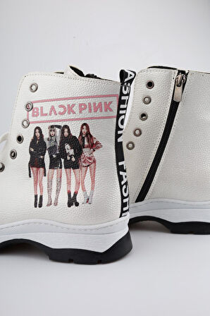 Beyaz BlackPink Fermuarlı Kız Çocuk Botu