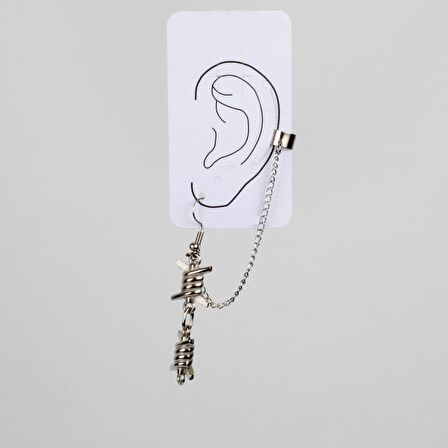 GÜMÜŞ RENK ZAMAK DİKENLİ TEL TASARIM EARCUFF GOTİK KÜPE