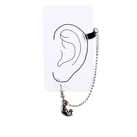 GÜMÜŞ RENK ZAMAK AY YILDIZ TASARIM EARCUFF GOTİK KÜPE