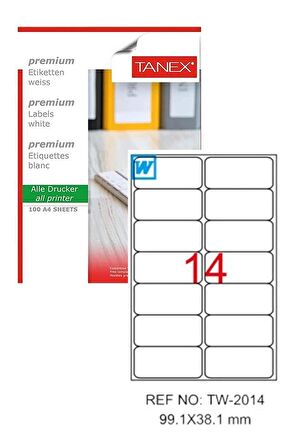 Bilgisayar Etiketi Tw-2014 99,1x38,1 mm 100 Lü Lazer Etiket 1 Paket Tanex Davetiye Kargo Koli Kutu Etiketi
