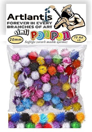 Simli Ponpon 20 mm 70 Li 1 Paket Karışık Renk Pon Pon 20 mm Pompom 2 cm Elişi Etkinliği Anasınıfı Kreş Okul Öncesi Pom Pom