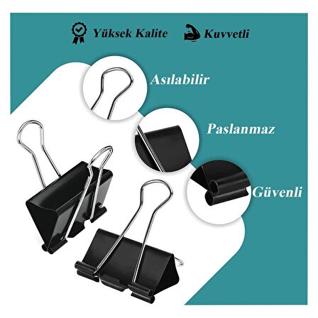 Çelik Kıskaç Klips 19 mm 12 Adet 1 Paket Metal Mandal Binder Clips Kıska 30 Sayfa Kapasiteli Çok Amaçlı Kullanım