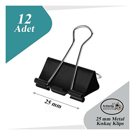 Çelik Kıskaç Klips 25 mm 12 Adet 1 Paket Metal Mandal Binder Clips Kıska 60 Sayfa Kapasiteli Çok Amaçlı Kullanım