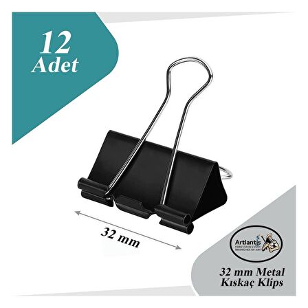 Çelik Kıskaç Klips 32 mm 12 Adet 1 Paket Metal Mandal Binder Clips Kıska 150 Sayfa Kapasiteli Çok Amaçlı Kullanım