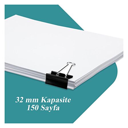 Çelik Kıskaç Klips 32 mm 12 Adet 1 Paket Metal Mandal Binder Clips Kıska 150 Sayfa Kapasiteli Çok Amaçlı Kullanım