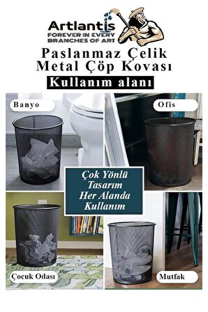 Çöp Kovası Paslanmaz Çelik Siyah Fileli 1 Adet Ofis Büro Okul vb.Çöp Kovası Metal Delikli Kolay Kullanım