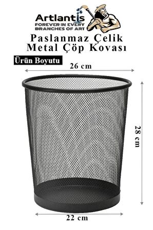 Çöp Kovası Paslanmaz Çelik Siyah Fileli 2 Adet Ofis Büro Okul vb.Çöp Kovası Metal Delikli Kolay Kullanım