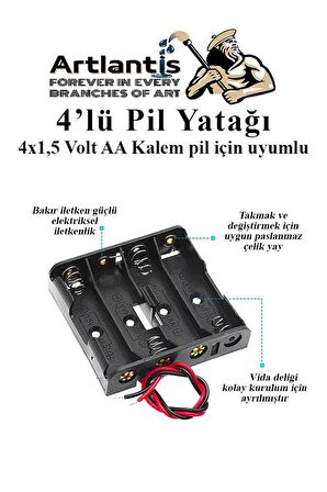 4 Lü Pil Yatağı Deney 1 Adet Pil Yuvası Pil Kutusu Aa Kalem Kalın Pil 4x1,5 Volt Yaylı Pil Yuvası