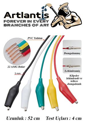 Krokodil Kablo 52 cm 10 lu 1 Paket Timsah Ağızlı İki Tarafı Kıskaçlı Kablo Elektrik Deney Kablosu Klipsli 