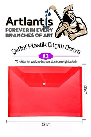 A3 Çıtçıtlı Dosya Kırmızı 1 Adet A-3 Çıt çıtlı Zarf Dosya Transparan 47x33.5 cm Büyük Boy Çıtçıtlı Dosya