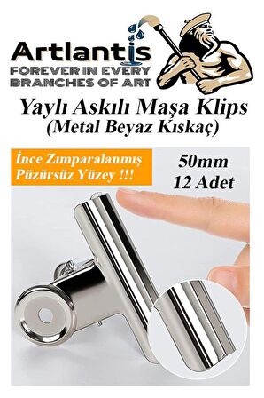 Yaylı Askılı Maşa Klips 50 mm 12 Adet Metal Beyaz Kıskaç 140 Yaprak Kapasiteli Pürüzsüz Mandal Kıskac 