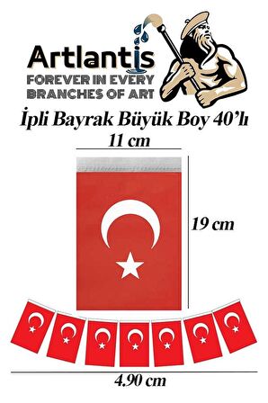 İpli Bayrak Büyük Boy 40'lı 11x19cm 1 Paket Türk Bayrağı Kağıt İpli Sıralı Ayyıldız Bayrak Sınıf Süsü Okul Bayram