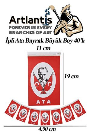 İpli Ata Bayrak Büyük Boy 40'lı 11x19cm 1 Paket Ata Bayrak Kağıt İpli Sıralı Ayyıldız Bayrak Sınıf Süsü Okul Bayram