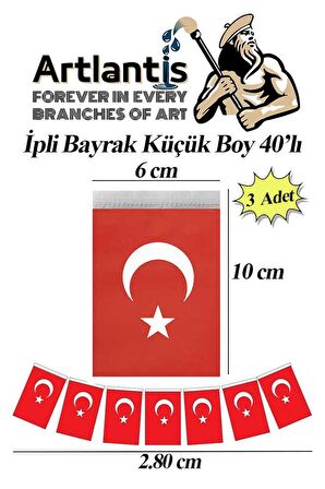 İpli Bayrak Küçük Boy 40'lı 6x10cm 3 Paket Türk Bayrağı Kağıt İpli Sıralı Ayyıldız Bayrak Sınıf Süsü Okul Bayram