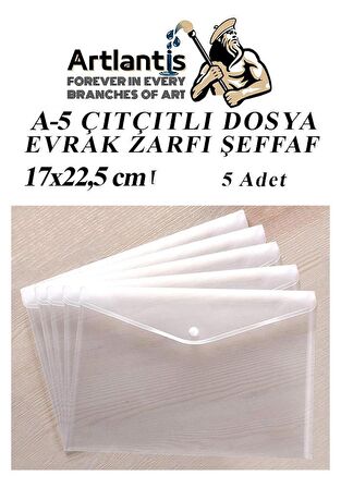 A5 Çıtçıtlı Dosya Şeffaf 5 Adet A-5 Çıtçıtlı Zarf Dosya Transparan 17x22.5 cm Küçük Boy Çıtçıtlı Dosya