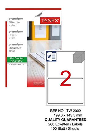 Bilgisayar Etiketi Tw-2002 119,6x143,50 mm 100 Lü Lazer Etiket 1 Paket Tanex Davetiye Kargo Koli Kutu Etiketi