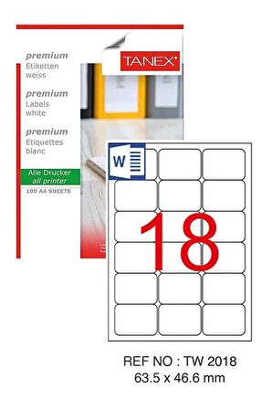 Bilgisayar Etiketi Tw-2018 63,5x46,6 mm 100 Lü Lazer Etiket 1 Paket Tanex Davetiye Kargo Koli Kutu Etiketi