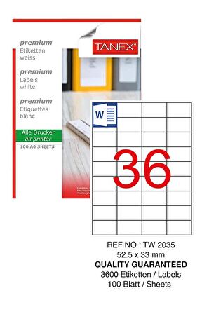 Bilgisayar Etiketi Tw-2035 52,5x33 mm 100 Lü Lazer Etiket 1 Paket Tanex Davetiye Kargo Koli Kutu Etiketi