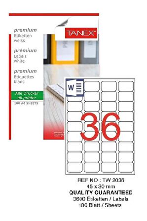 Bilgisayar Etiketi Tw-2036 45x30 mm 100 Lü Lazer Etiket 1 Paket Tanex Davetiye Kargo Koli Kutu Etiketi