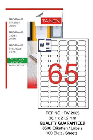 Bilgisayar Etiketi Tw-2065 38,1x21,2 mm 100 Lü Lazer Etiket 1 Paket Tanex Davetiye Kargo Koli Kutu Etiketi