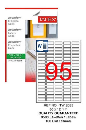 Bilgisayar Etiketi Tw-2095 30x12 mm 100 Lü Lazer Etiket 1 Paket Tanex Davetiye Kargo Koli Kutu Etiketi