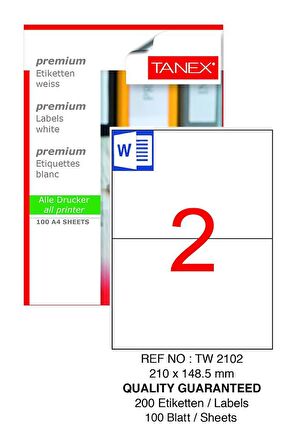Bilgisayar Etiketi Tw-2102 210x148,5 mm 100 Lü Lazer Etiket 1 Paket Tanex Davetiye Kargo Koli Kutu Etiketi