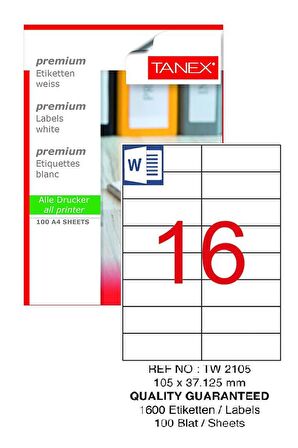 Bilgisayar Etiketi Tw-2105 105x37,125 mm 100 Lü Lazer Etiket 1 Paket Tanex Davetiye Kargo Koli Kutu Etiketi