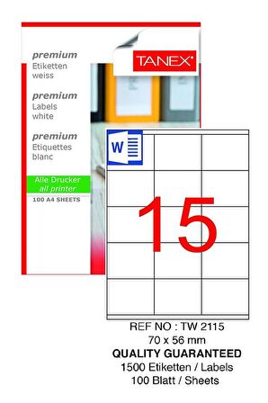 Bilgisayar Etiketi Tw-2115 70x56 mm 100 Lü Lazer Etiket 1 Paket Tanex Davetiye Kargo Koli Kutu Etiketi