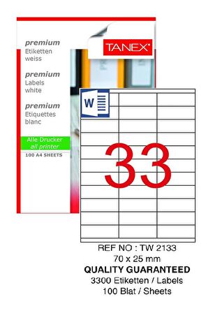 Bilgisayar Etiketi Tw-2133 70x25 mm 100 Lü Lazer Etiket 1 Paket Tanex Davetiye Kargo Koli Kutu Etiketi