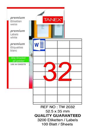Bilgisayar Etiketi Tw-2032 52,5x35 mm 100 Lü Lazer Etiket 1 Paket Tanex Davetiye Kargo Koli Kutu Etiketi