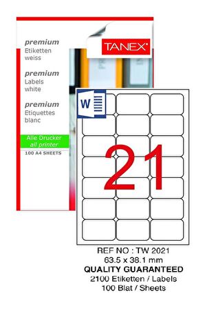 Bilgisayar Etiketi Tw-2021 63,5x38,1 mm 100 Lü Lazer Etiket 1 Paket Tanex Davetiye Kargo Koli Kutu Etiketi